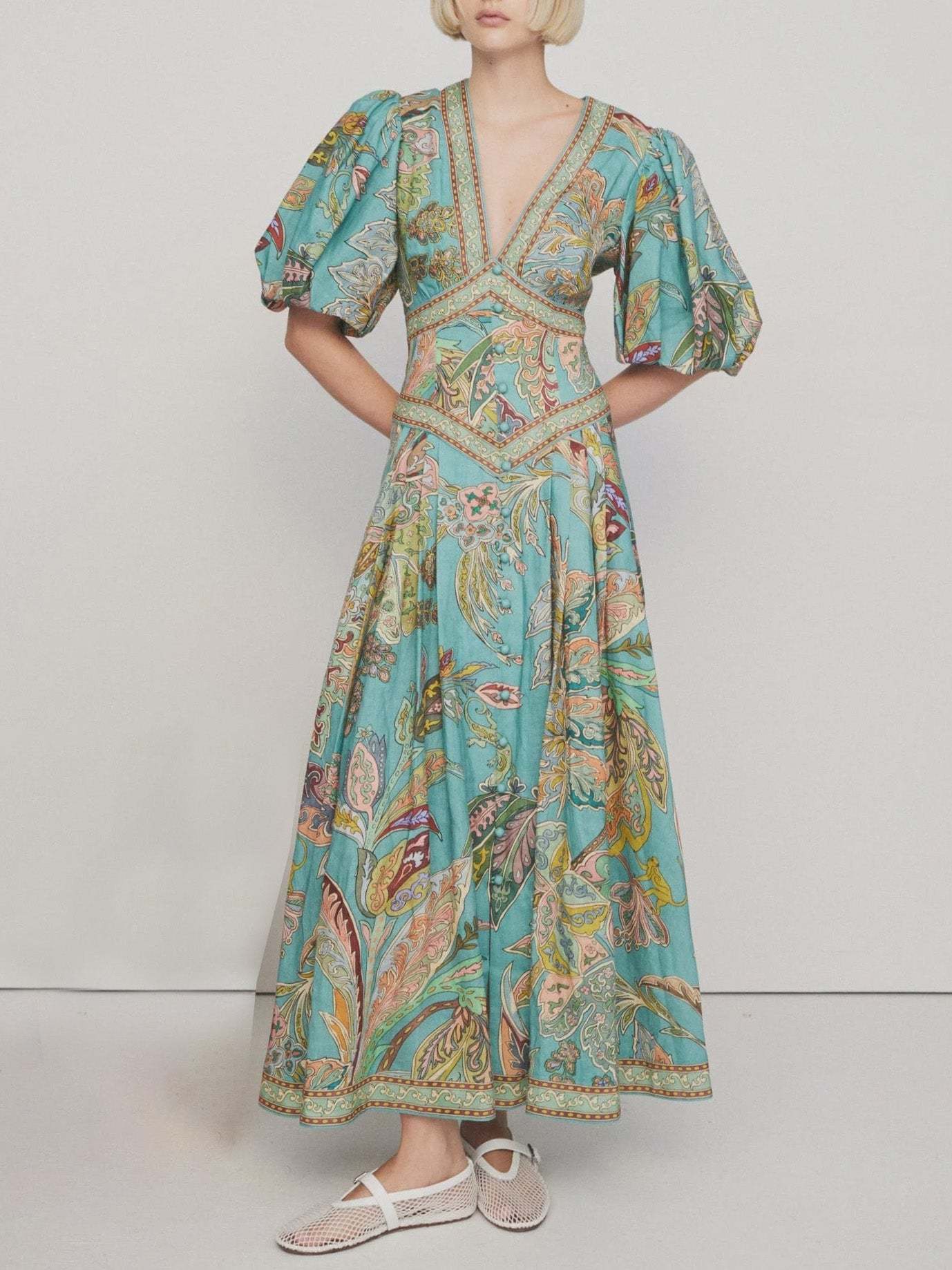 Unique Satin Vintage Bloom Print Puff Sleeve Midi Dress