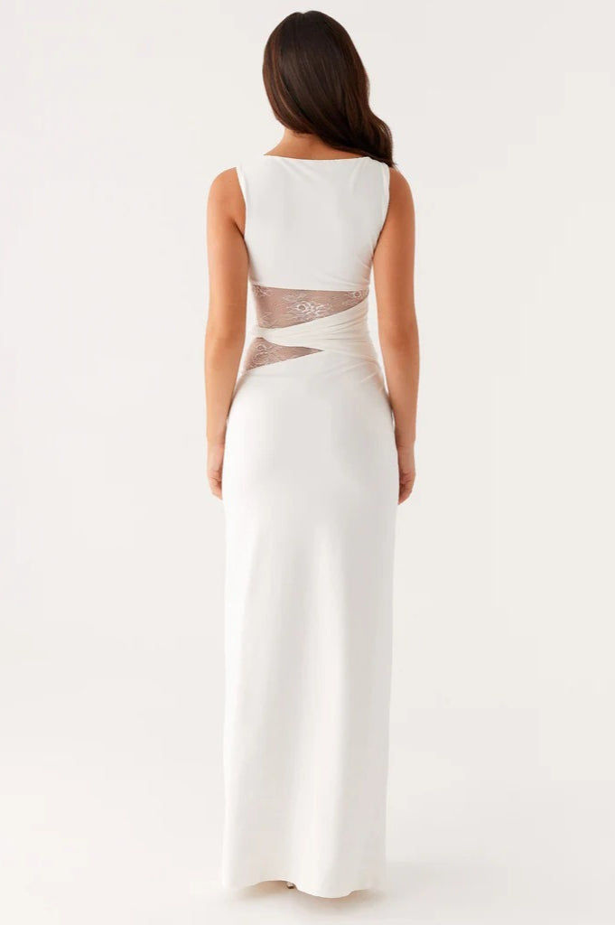 Shaped Sheer Lace Paneled Maxi Lace Dress