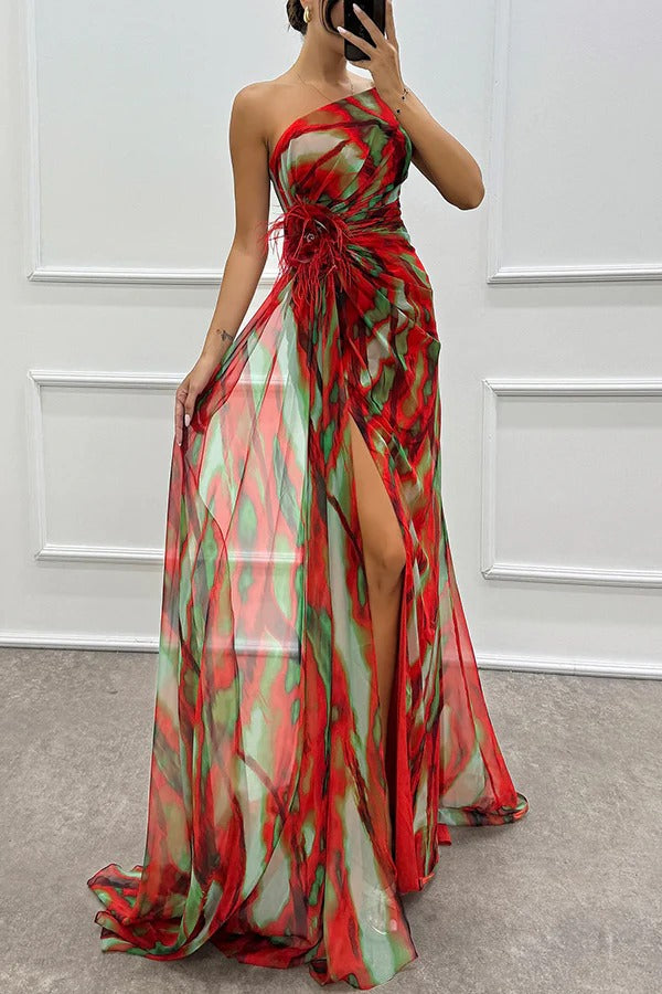 Renee Exclusive Amazing Views Off Shoulder Pleated Slit Maxi Dress with Feather Rose Detail in Watercolor Print Chic Silhouette Collection