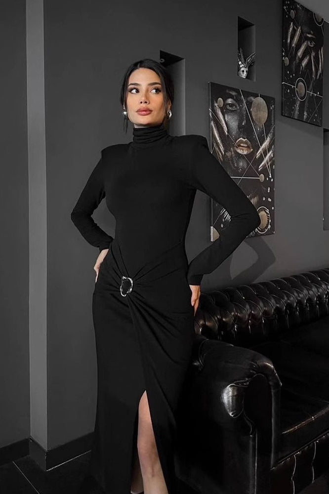 Neck High Ruched Split Midi Dress