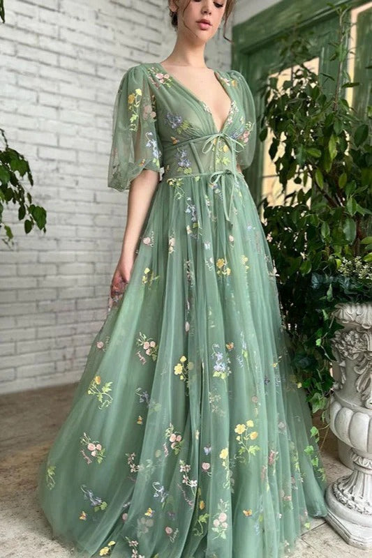 Flower Applique Ball Gown Prom Dress