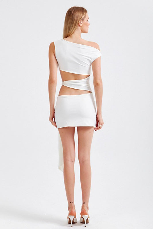 Asymmetrical Solid Neck Cutout Tie Fitted Bodycon Mini Dress