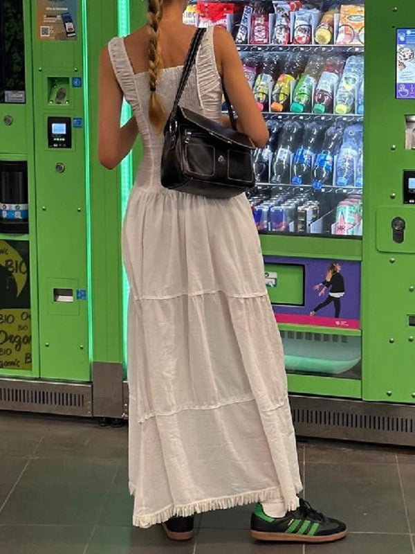 French White Pleated Layered Slim Midi Dress with Lace Up