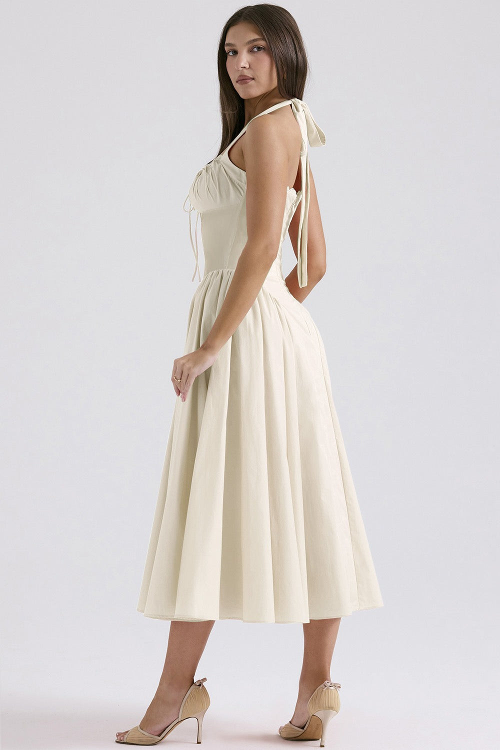 Flower Halter Lace Trim Long Sleeveless Prom Dress