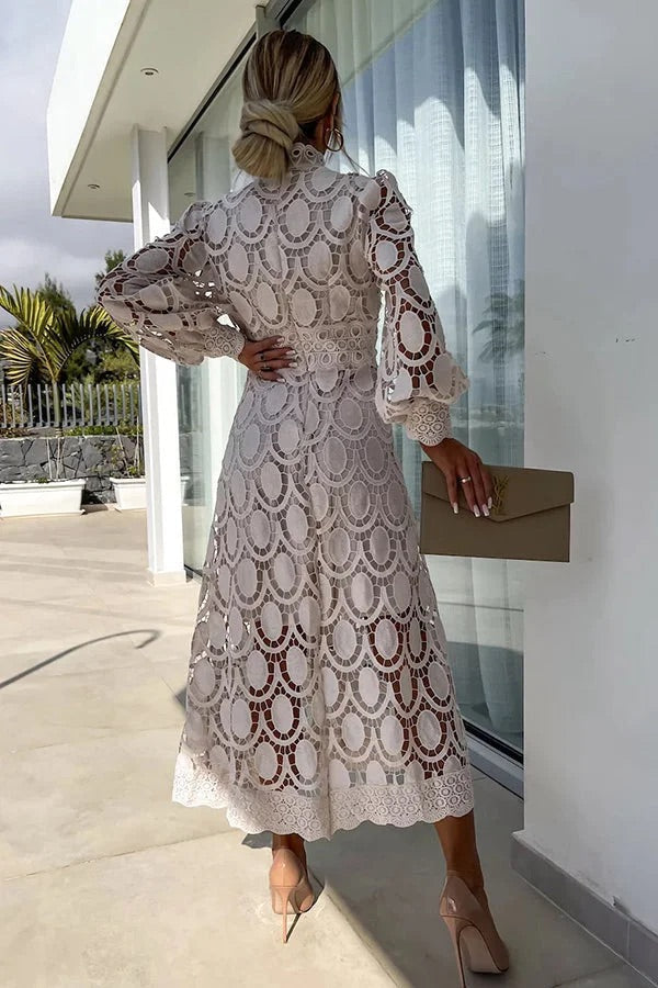 Premium Francisca Romantic, Sensual and Party Midi Dress with Crochet Lace and Lantern Sleeves Chic Silhouette Collection