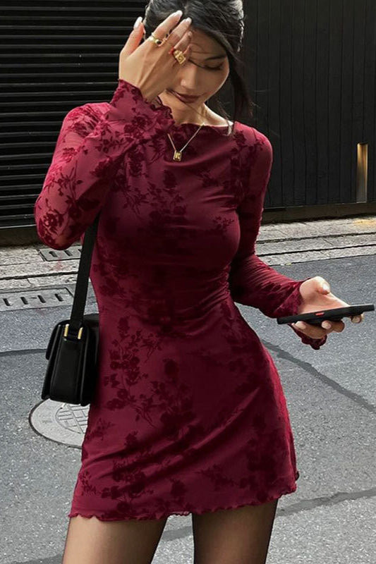 Mesh Bloom Long Sleeve Bodycon Dress