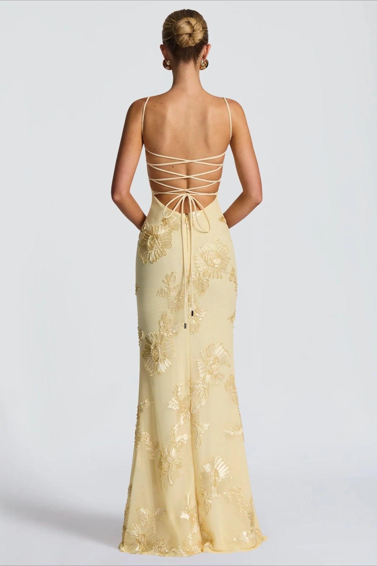 Flower Embellished Slip Gown Prom Dress
