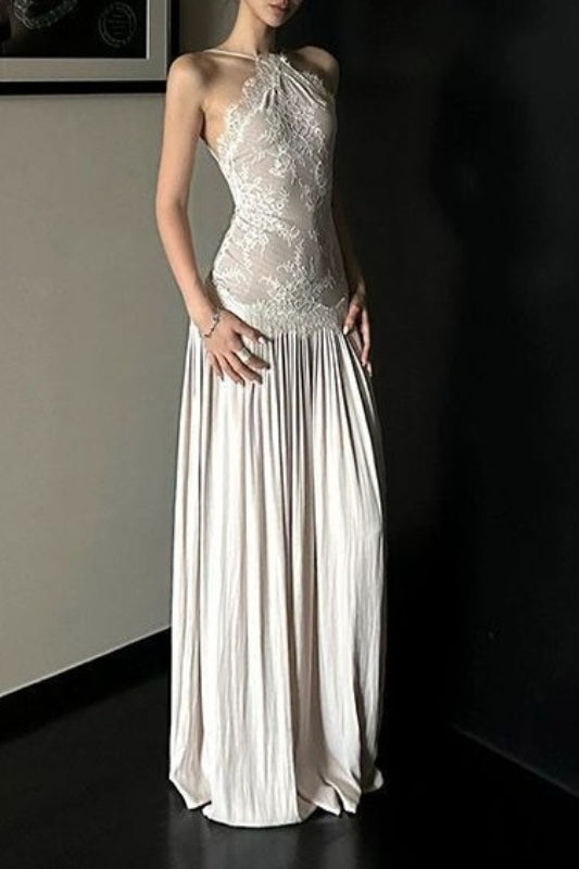 Spice Girl Lace Insert Backless Slip Prom Dress