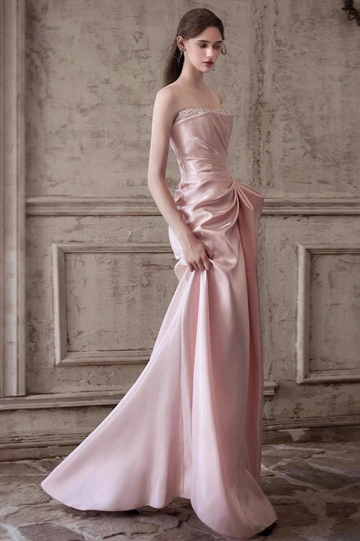 Pink Strapless Graceful Waist Slimming Prom Dress