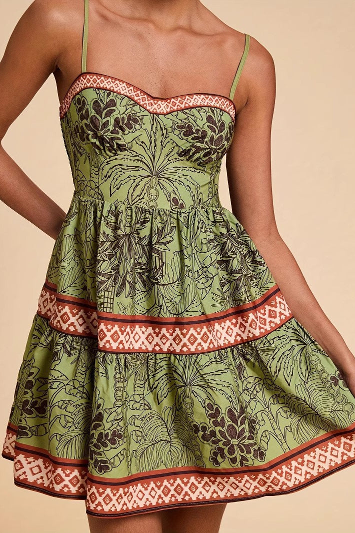 Printed Green Cami A Line Vacation Dress