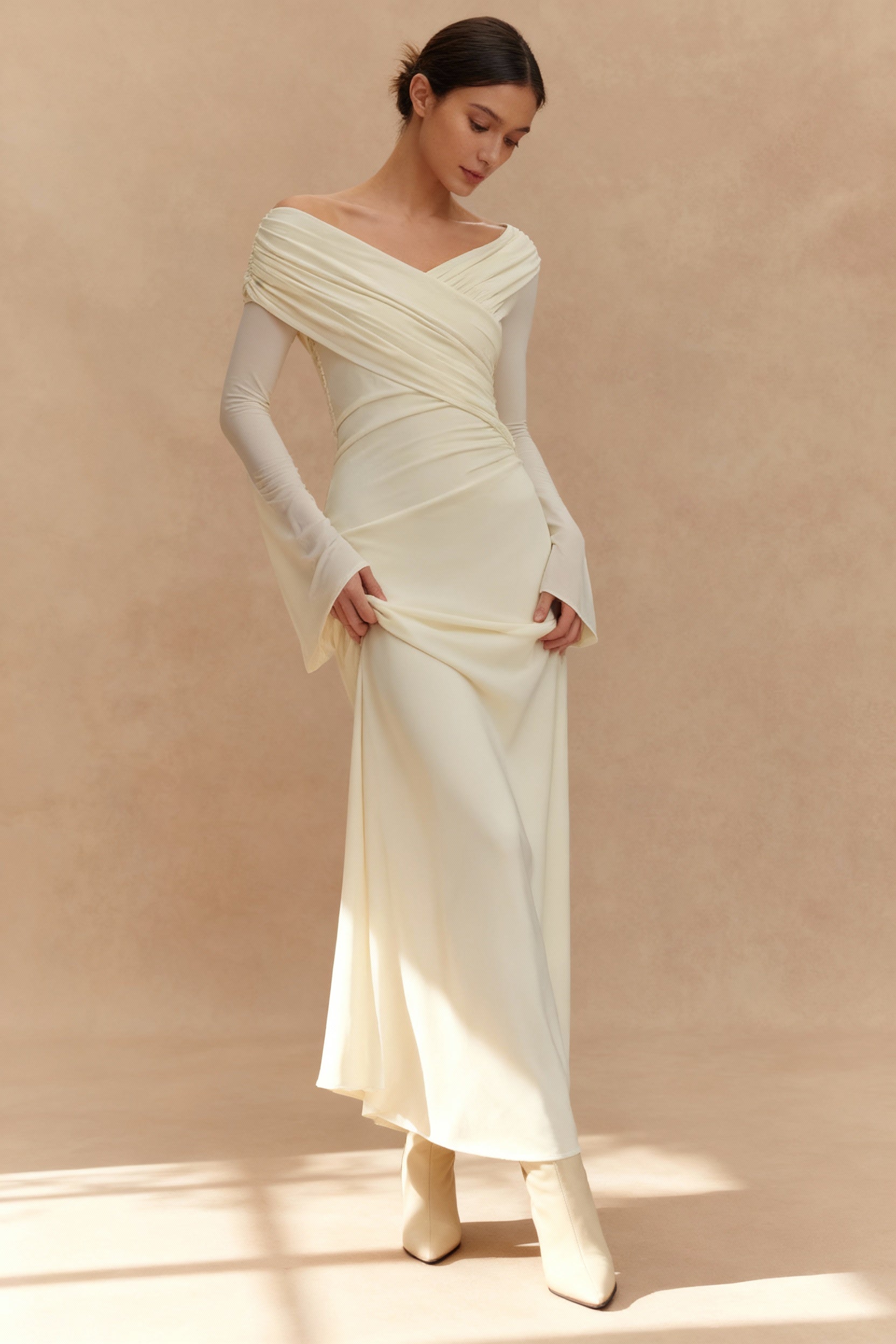 V Neck Long Long-Sleeved Ruched High Waist Maxi Dress