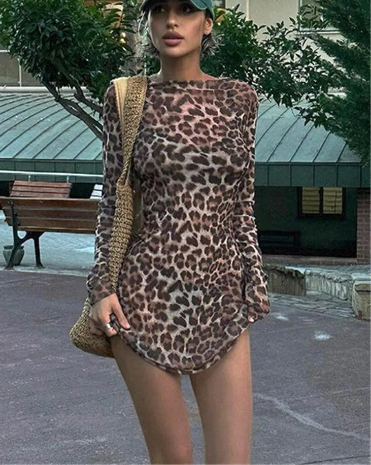 Two Leopard Piece Mesh See Through Mini Dress