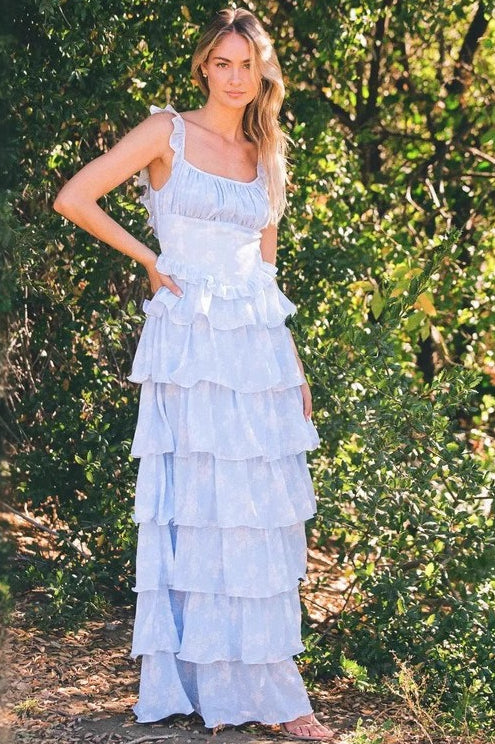 Flower Print Spaghetti Strap Romantic Prom Dress