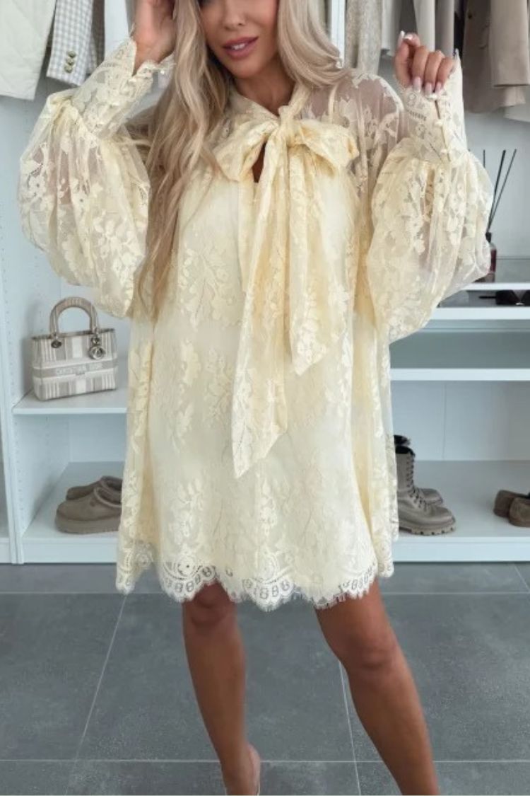 Effortless Iliana Night Rose a Line Mini Dress with Lace Bow and Long Balloon Sleeves Designer Edit