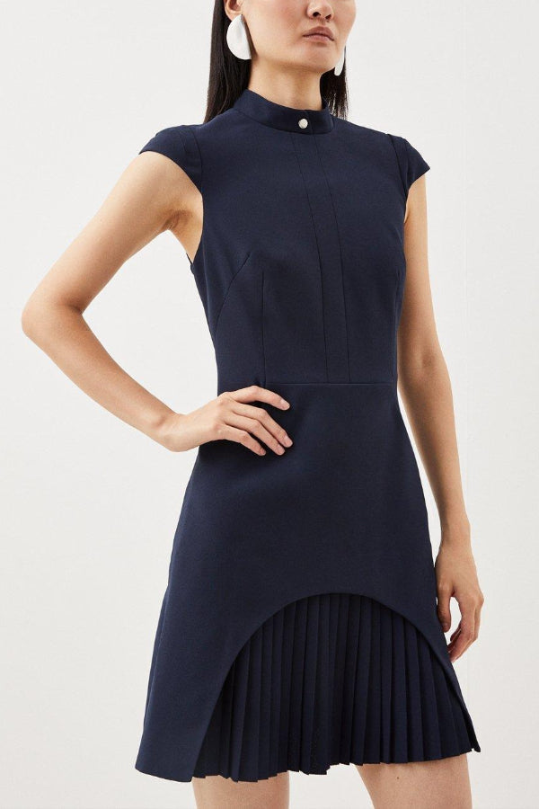 Chic Ariana Military Style Mini Dress with Cap Sleeves, Stand Up Collar and Patchwork Pleated Hem Silhouette Collection