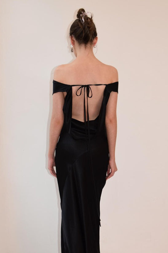 Satin Off Shoulder Backless Tie Waist Slim Fit Long Chic Prom Dress