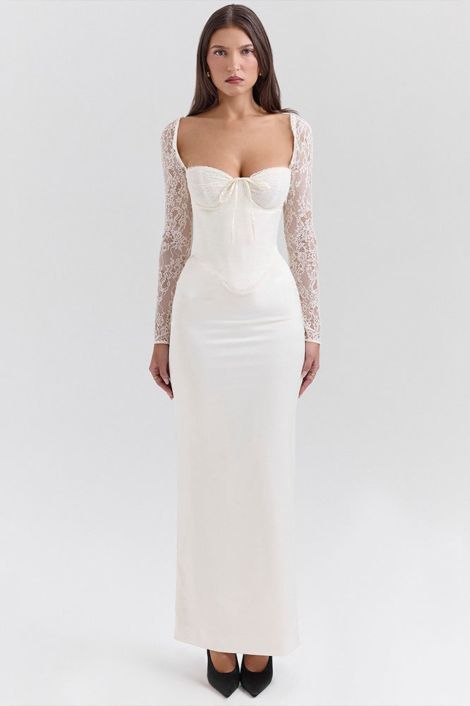 Extended Sleeve Lace Satin Maxi Dress
