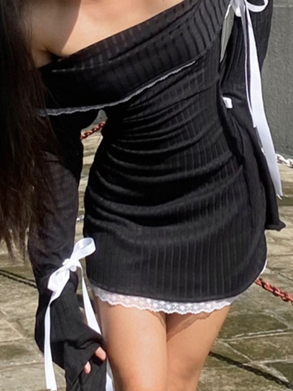 Retro Off Shoulder Tie Up Long Sleeve Mini Dress with Lace Splice