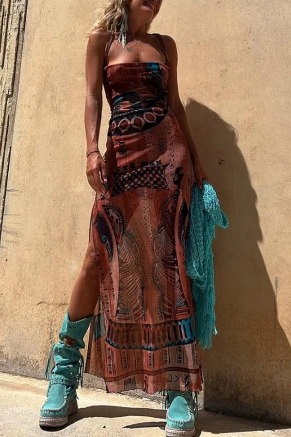 Exclusive Griselda Midi Dress with a Unique Gypsy Style Print, Cowl Neckline At the Back, Lace Up Fastening and Slit Evening Wear Edit