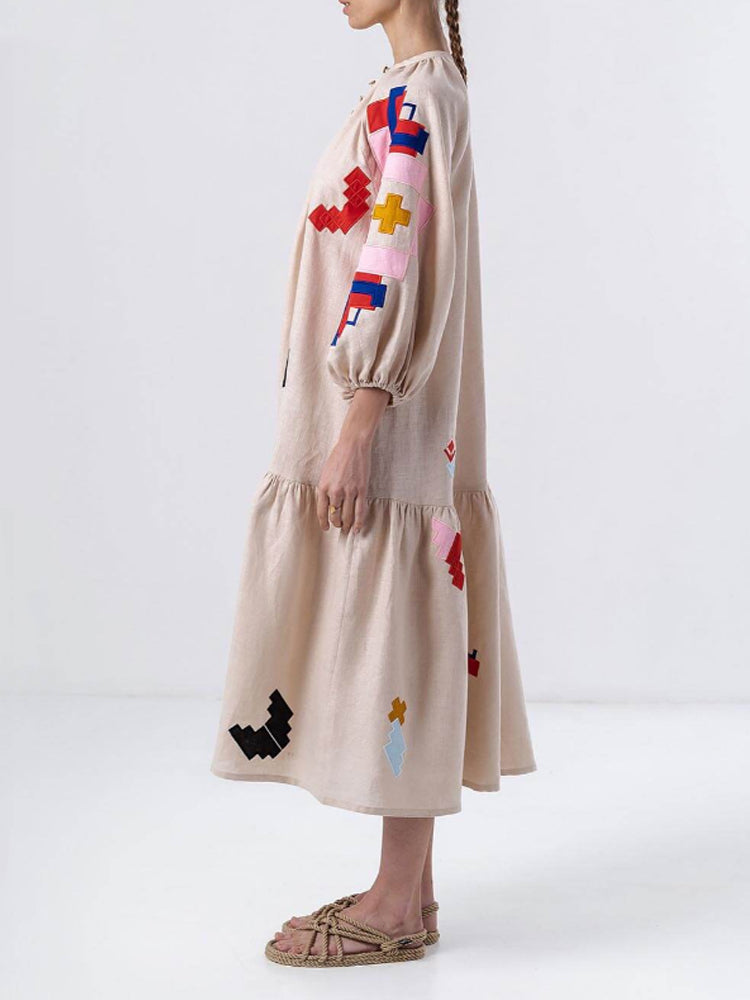 Loose Fit Printed Lantern Sleeve Relaxed Dress