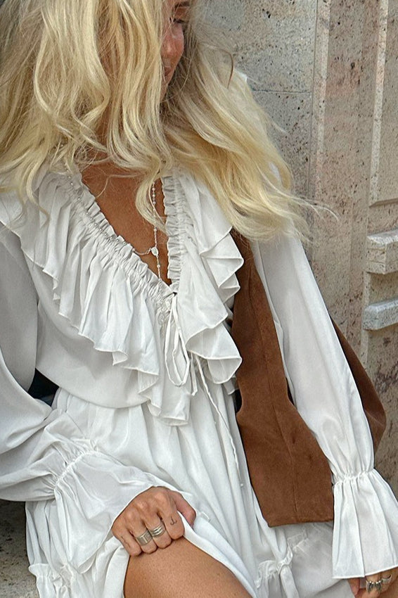 Chiffon White V Neck Mini Dress
