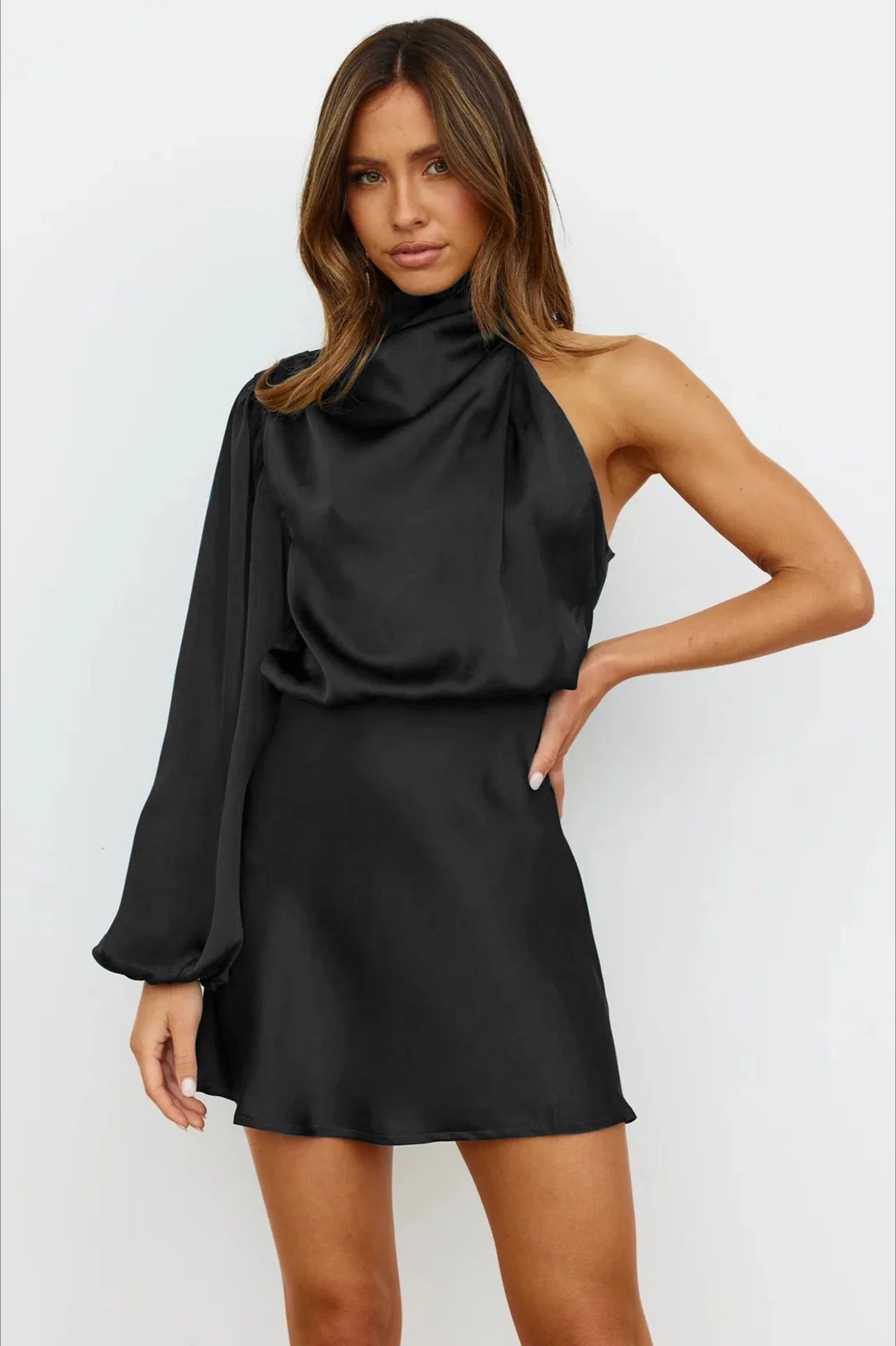 One Satin Shoulder Mini Dress