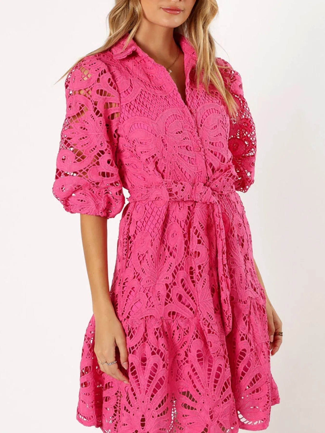 Minimalist Viola Lace Mini Dress with Tie Waist and Half Sleeves Boutique Collection