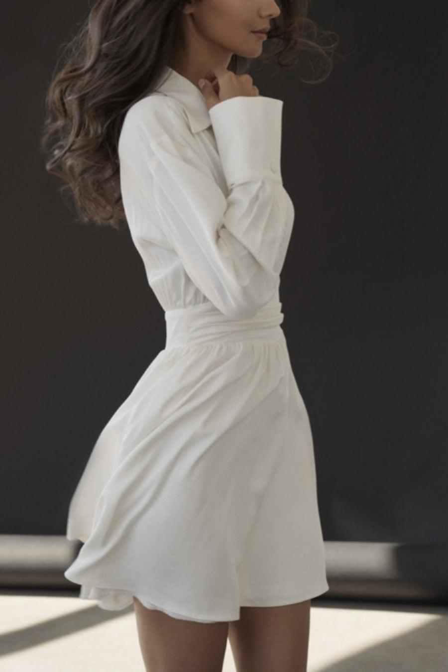 Neck V Ruched Long Sleeve Midi Dress