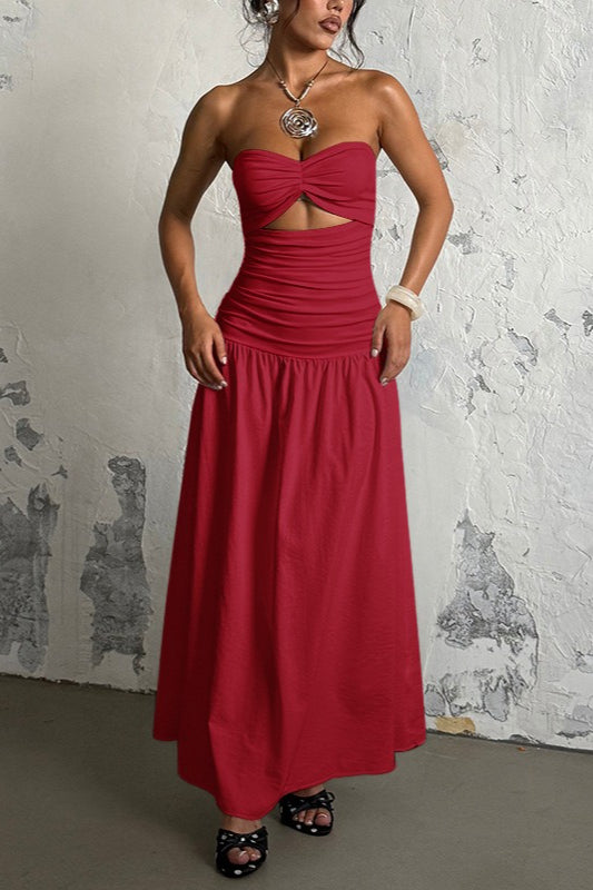 Alluring Hollow Strapless Maxi Vacation Dress
