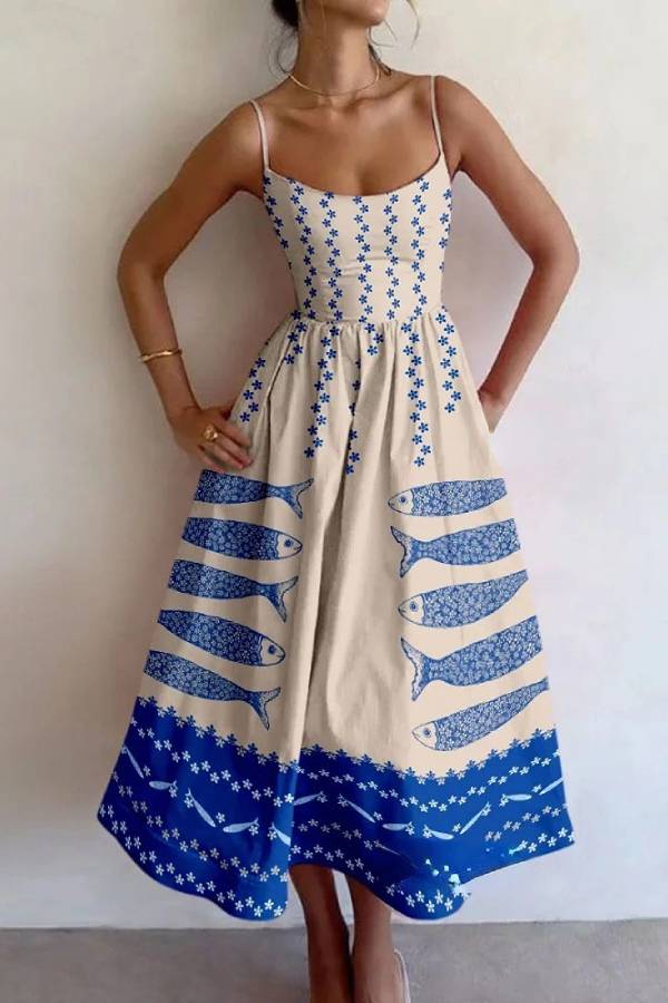 Hilda Minimalist Unique Fish Bloom Print Midi Dress Chic Silhouette Collection