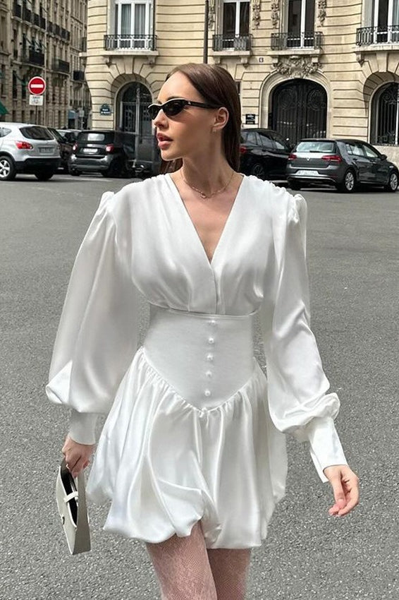 V White Neck Puff Sleeve Mini Dress