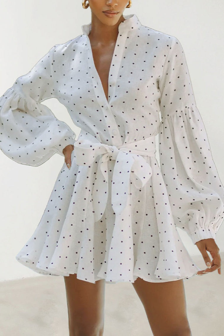 Dot Polka Lantern Sleeve Tie Mini Dress