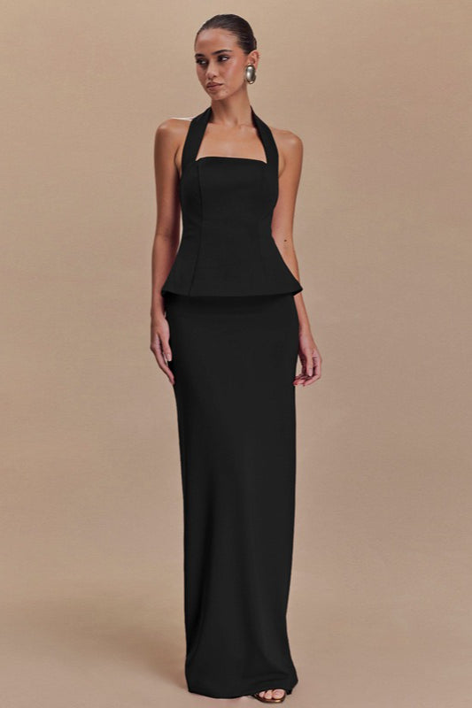 Solid Halter Backless Maxi Elegant Dress
