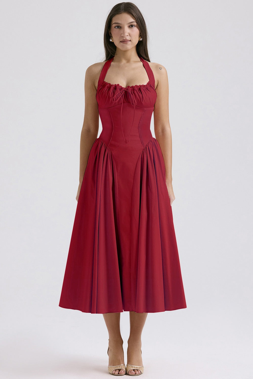 Flower Halter Lace Trim Long Sleeveless Prom Dress