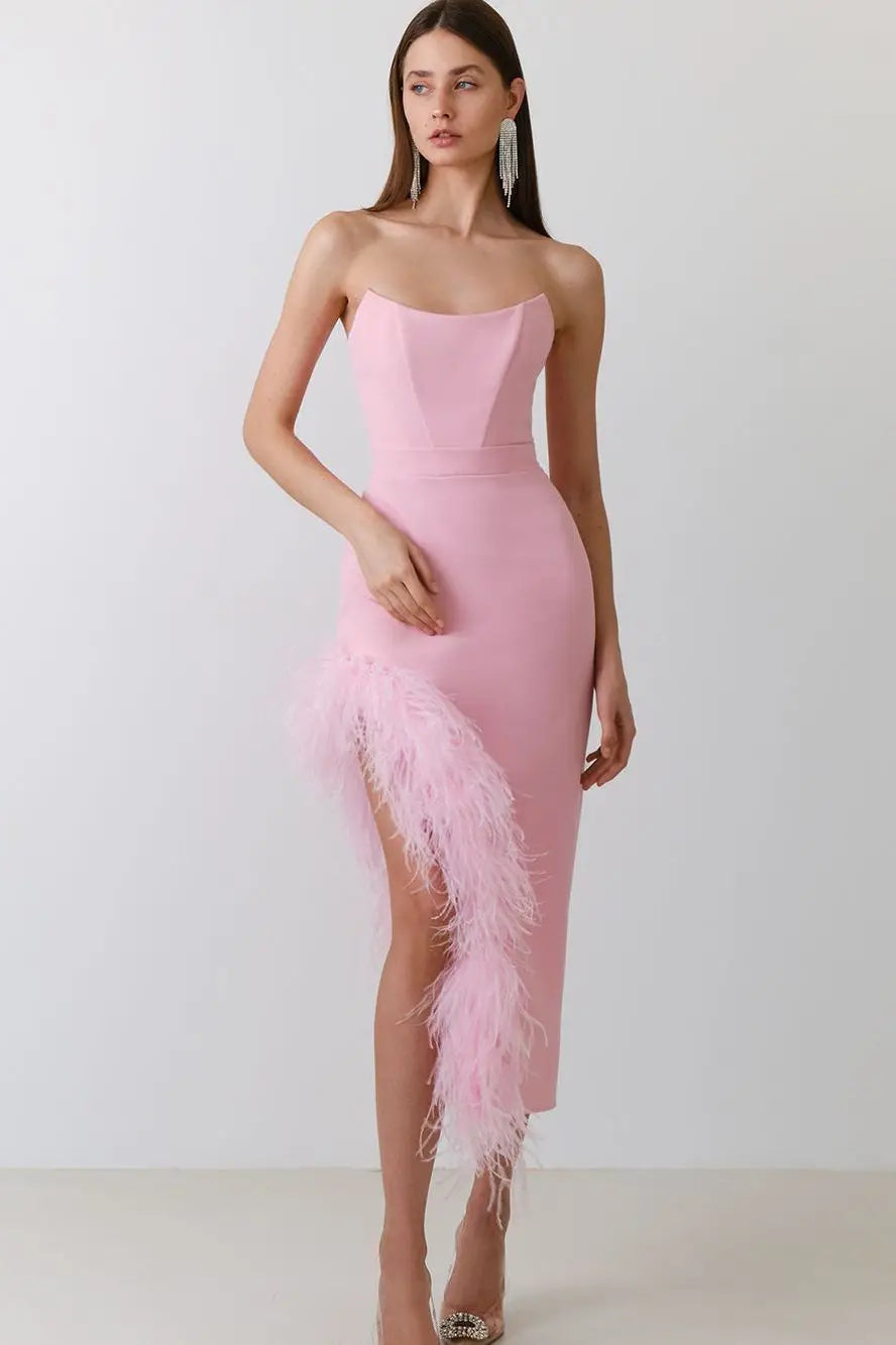 Strapless Feather Midi Dress