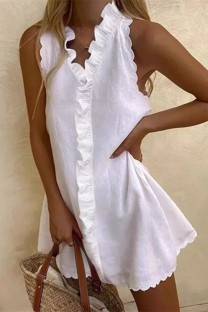 Neck V Ruffle Cotton Linen Mini Dress