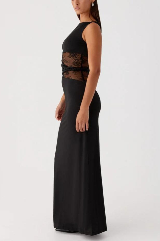 Shaped Sheer Lace Paneled Maxi Lace Dress