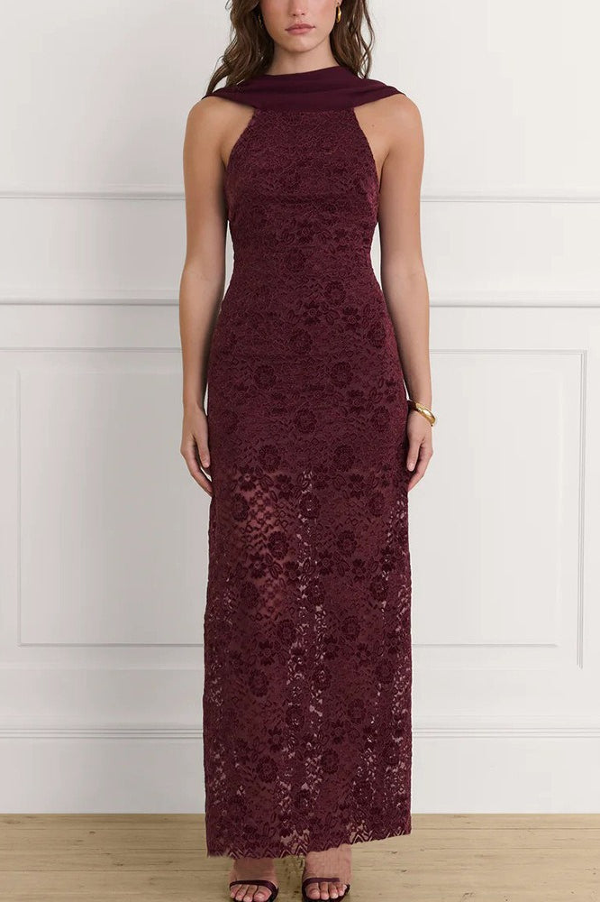 Graceful Scarf Neck Backless Lace Patchwork Bodycon Prom Dress