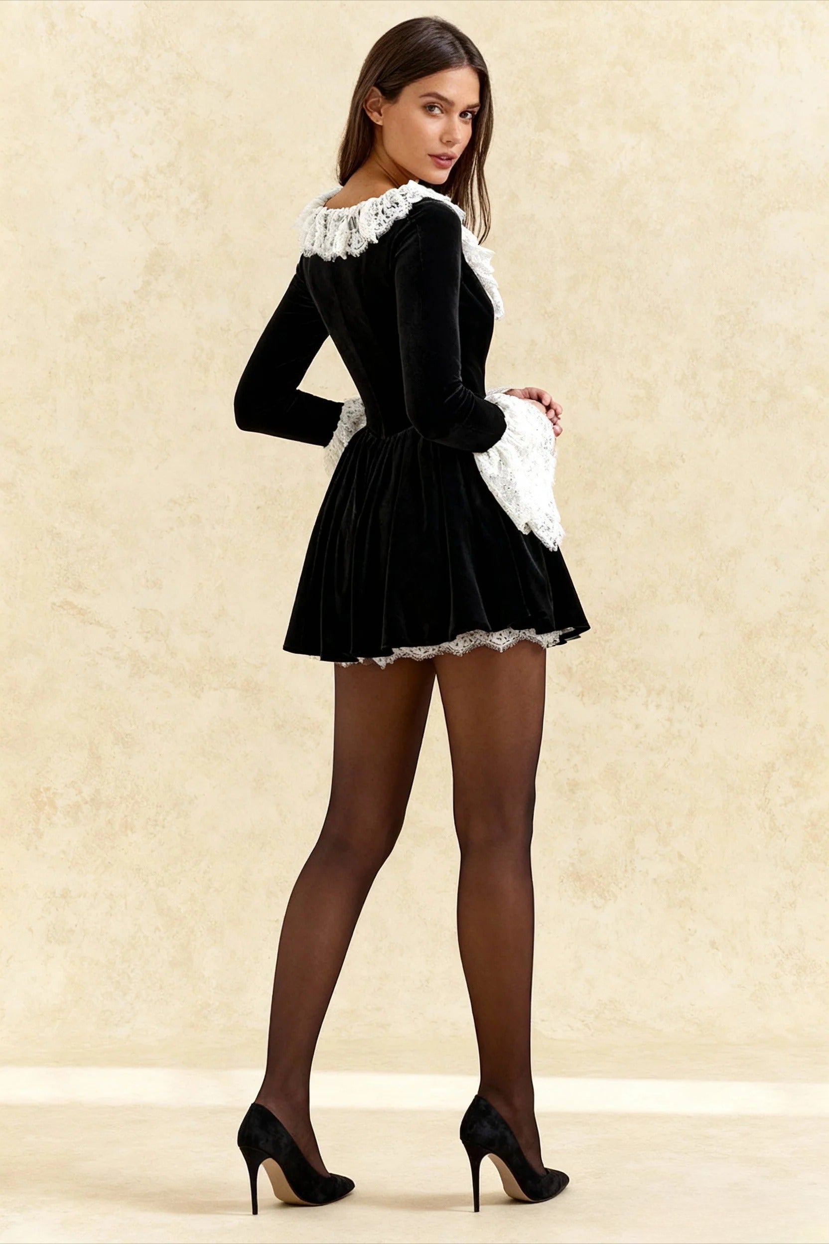 Neck Square Lace Trim Flared Sleeve Mini Dress