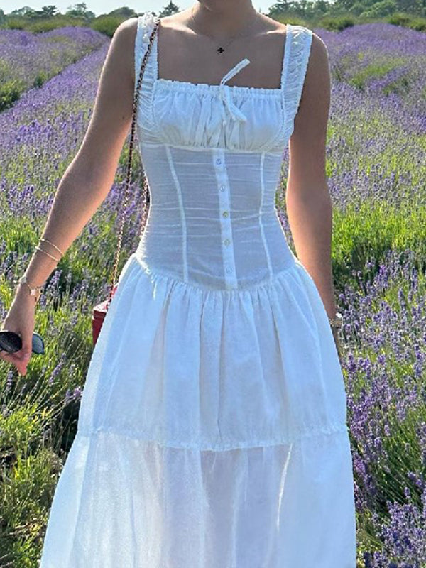 French White Pleated Layered Slim Midi Dress with Lace Up