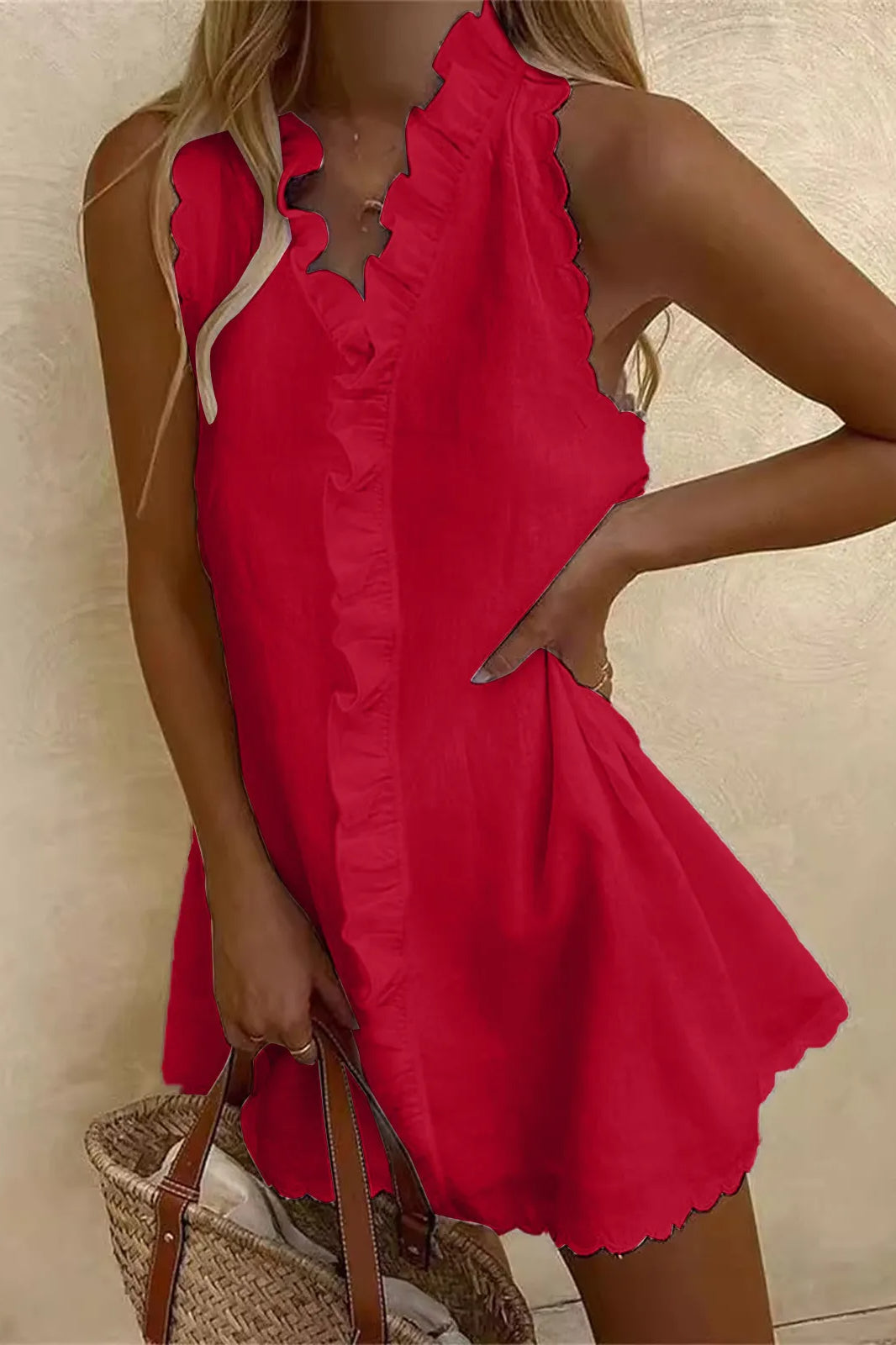 Neck V Ruffle Cotton Linen Mini Dress