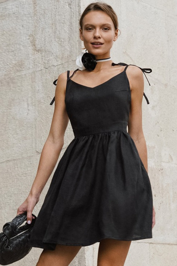 Linen Black V Neck Cami Mini Dress