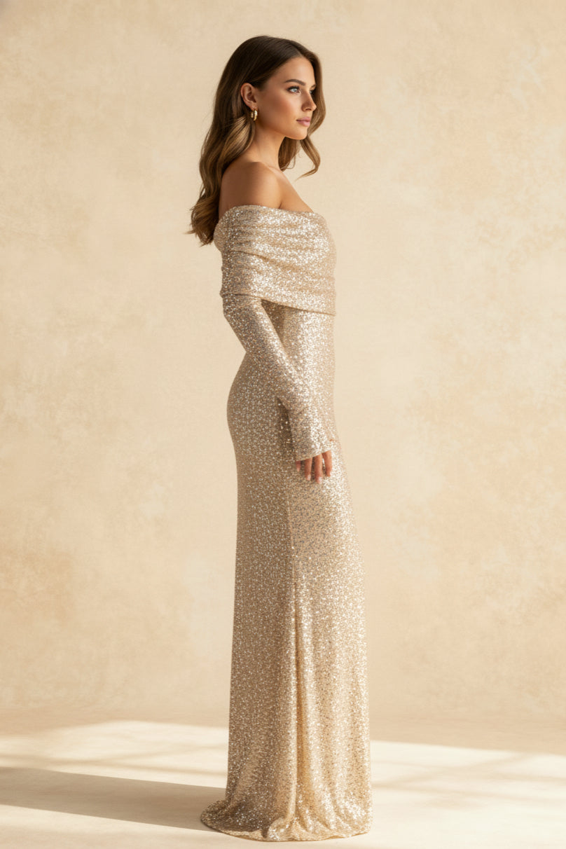 Sequin Long Long-Sleeved Charming OffShoulder Maxi Dress