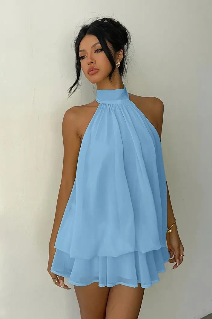 Alluring Backless Halter Tie Waist Slim Fit Ruffled Mini Dress