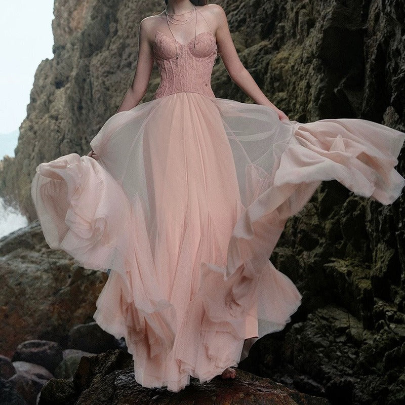 Lace Bone Tube Mesh Flared Prom Dress