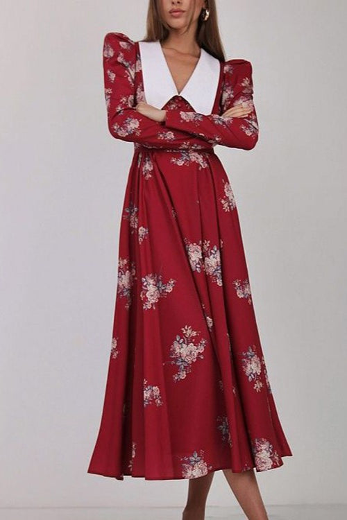 Flared Classic Print Slim Waist Floral Maxi Dress