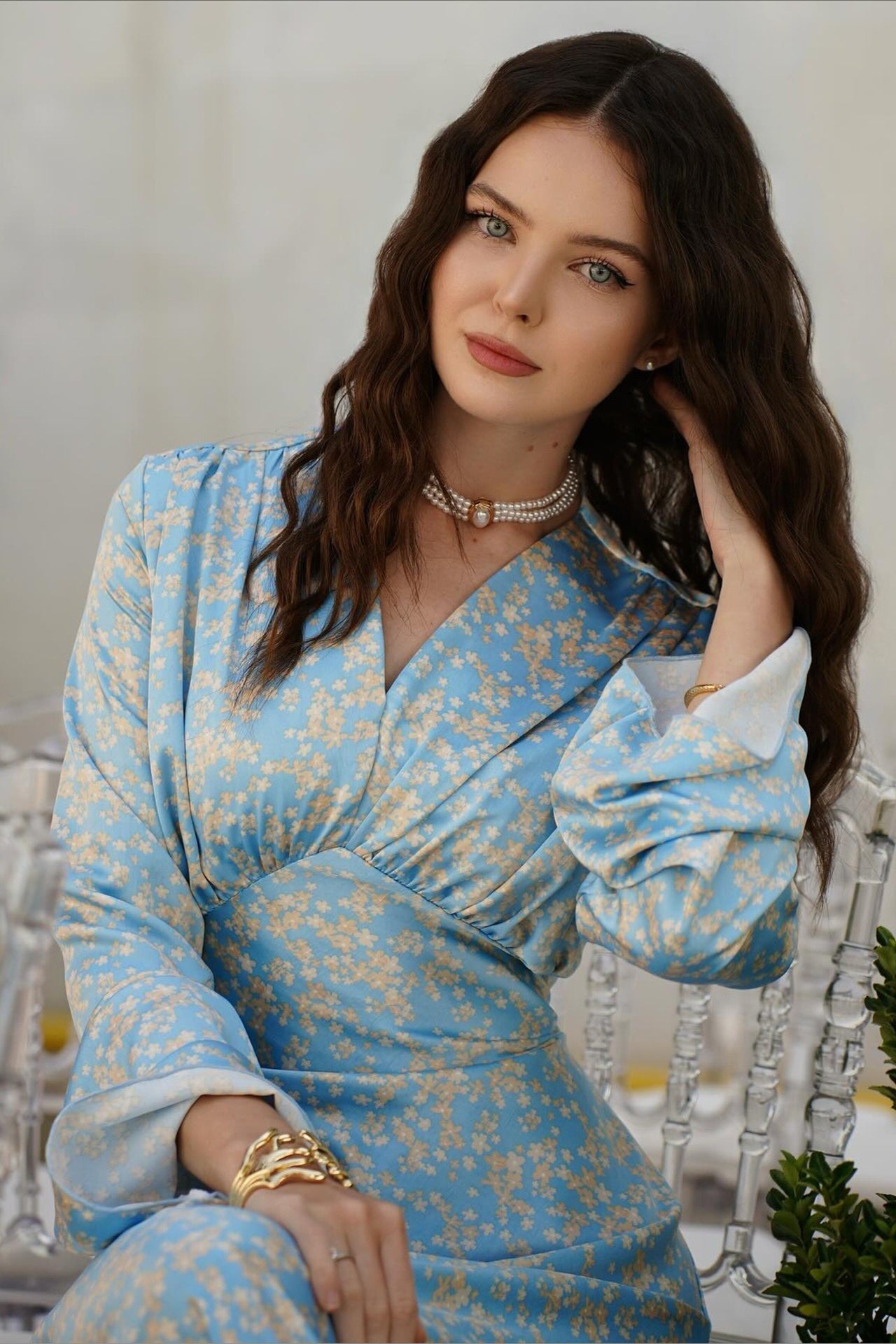 Chic V Neck Flare Sleeve Maxi Floral Dress