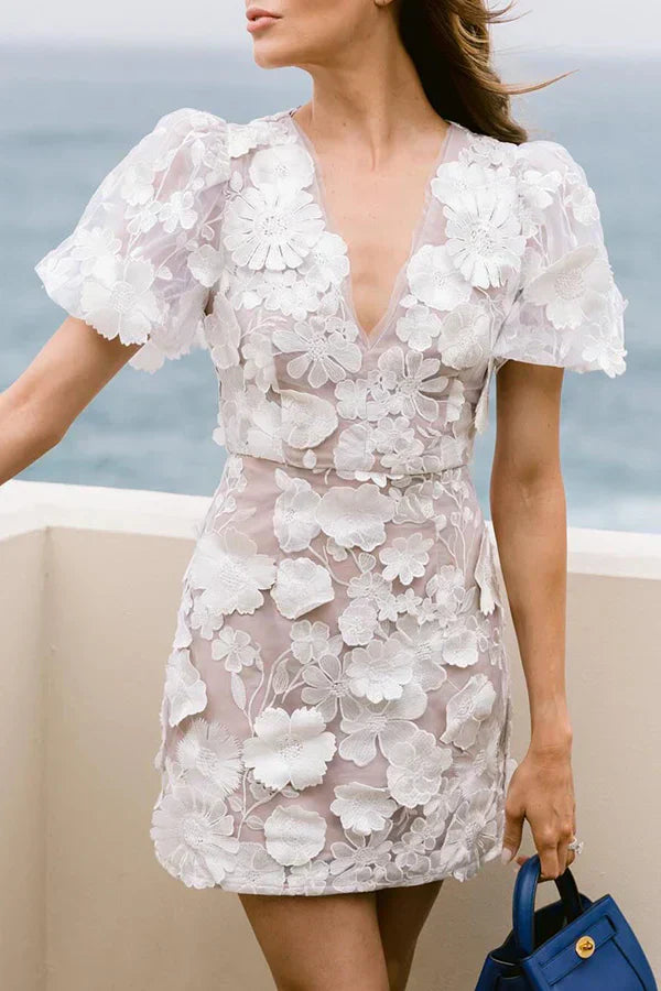 Hazel Bloom Mini Dress With Puff Sleeves