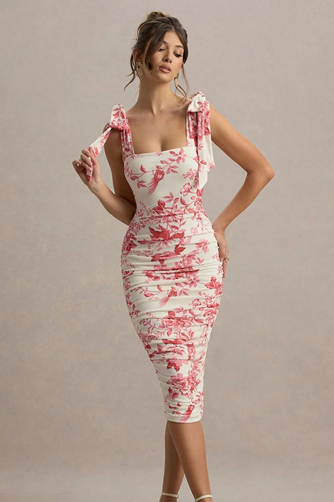 Classic Print Ruched Midi Dress