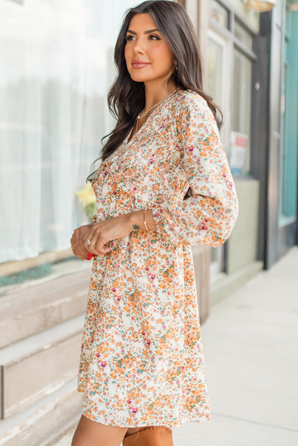 Yellow Boho Bloom V Neck Ruffled Empire Waist Long Sleeve Mini Dress